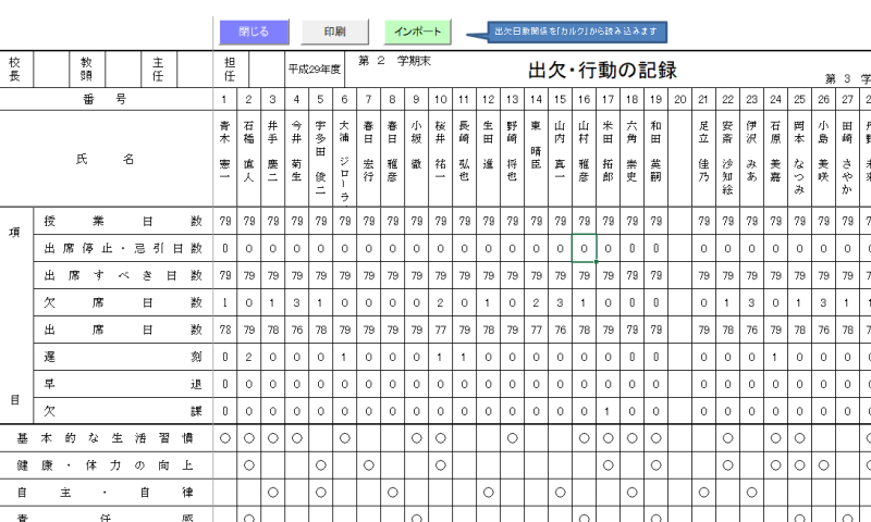 通知表行動の記録一覧
